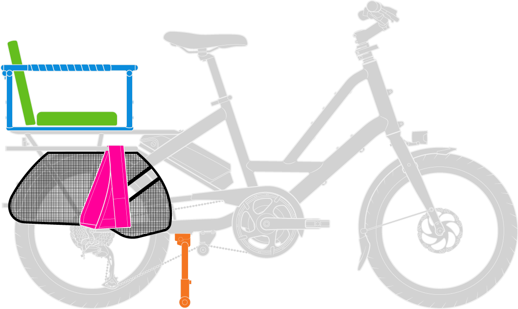 Bicycle with a child seat and accessories on a white background