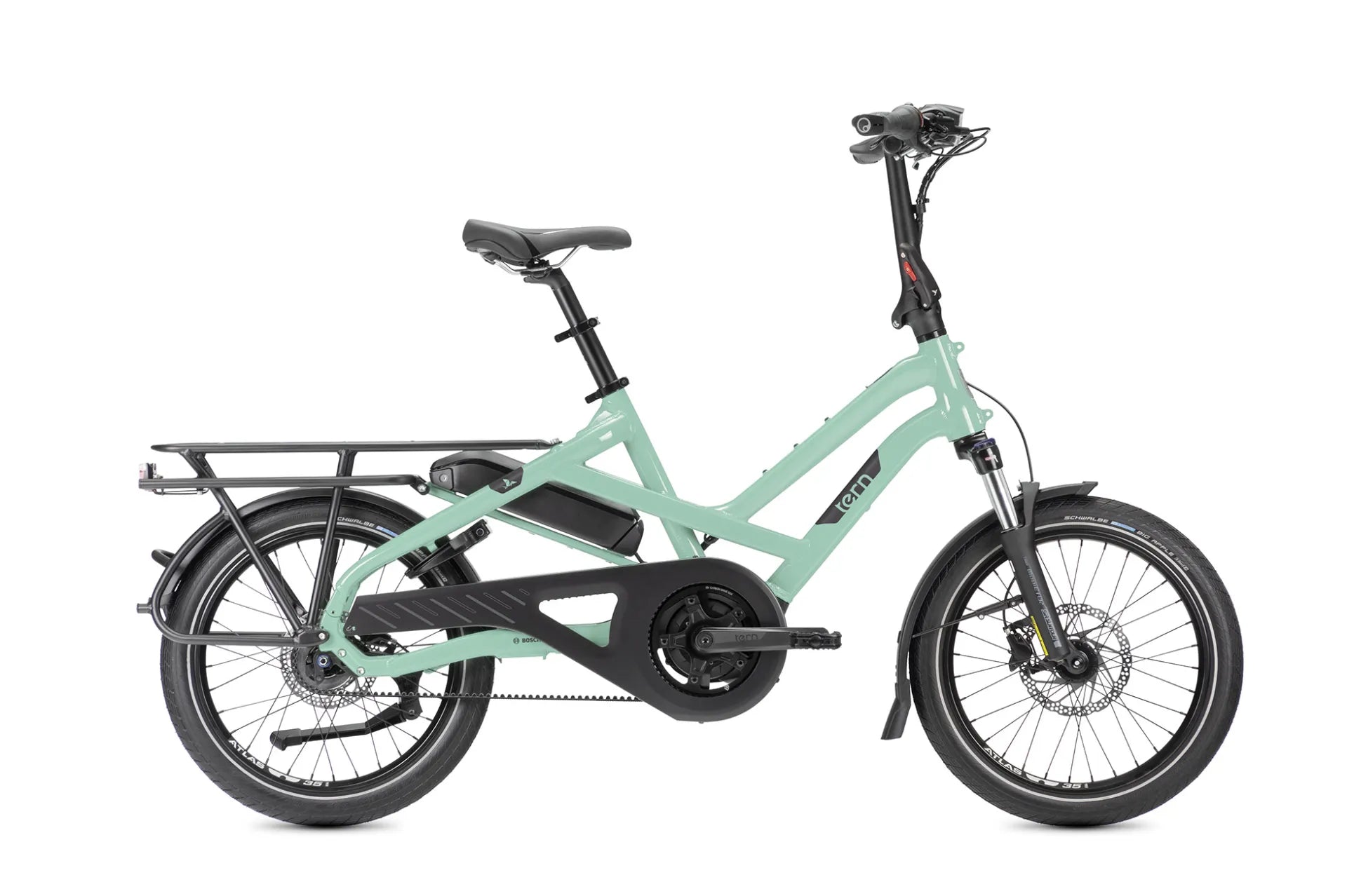 A green Tern HSD P5i (Gen 2) electric bike with a cargo rear rack and a Intuvia 100 display on the handlebars.