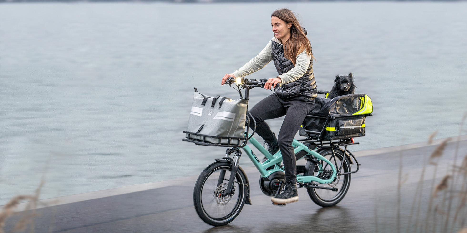 Woman riding Tern HSD with dog on back