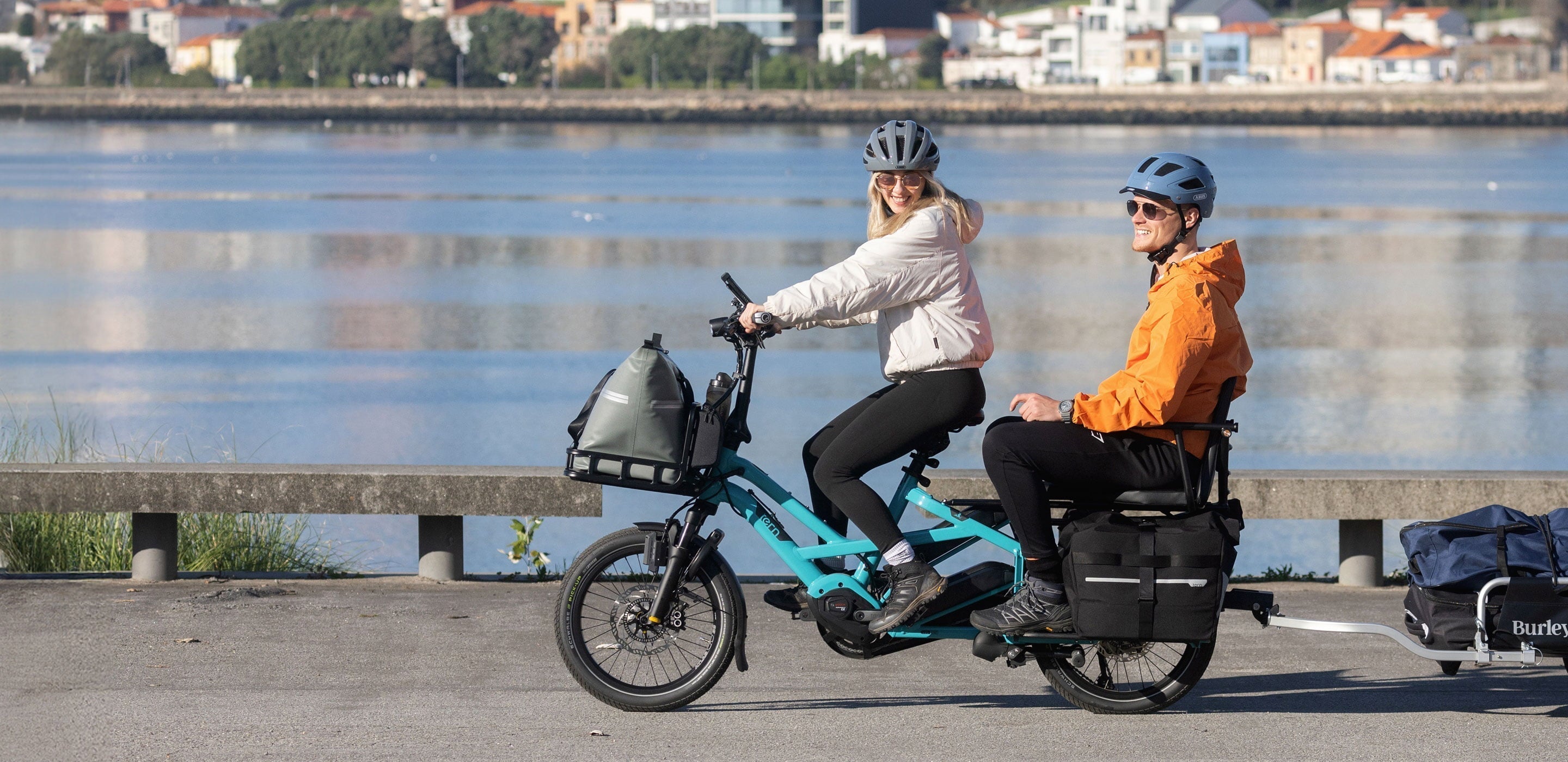 Couple on a Tern GSD Gen 3 electric cargo bike