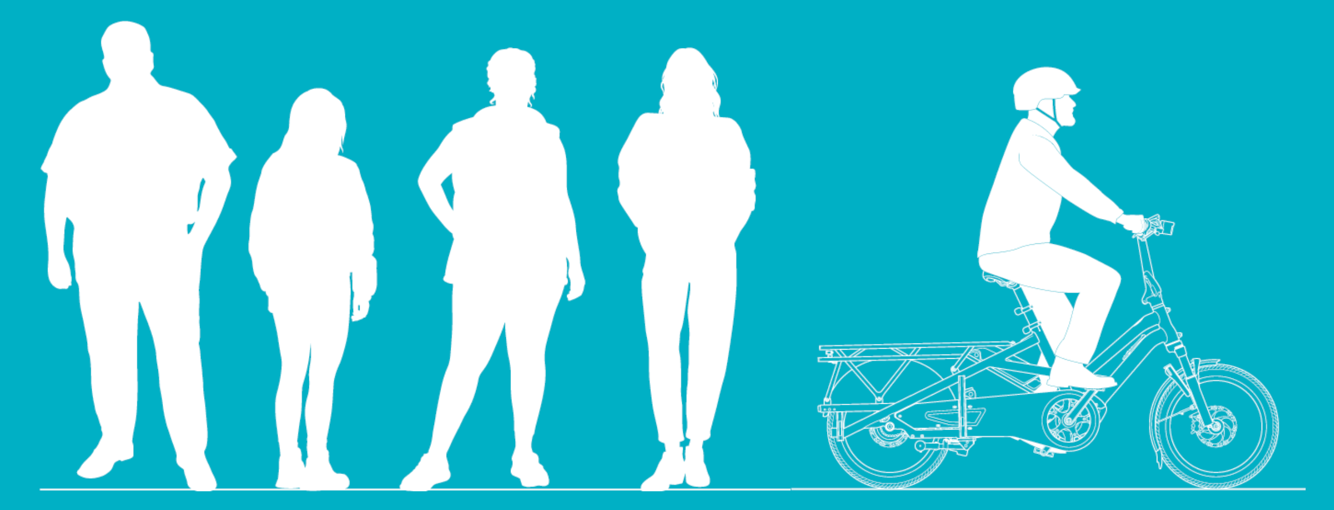 Graphic showing how the Tern GSD cargo e-bike can fit and be shared by many people without being limited by how tall or short they are