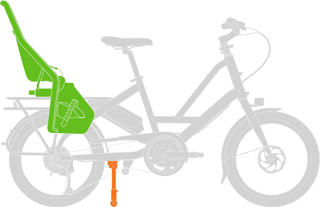 Diagram of a bicycle with a green electric bike attachment on a white background